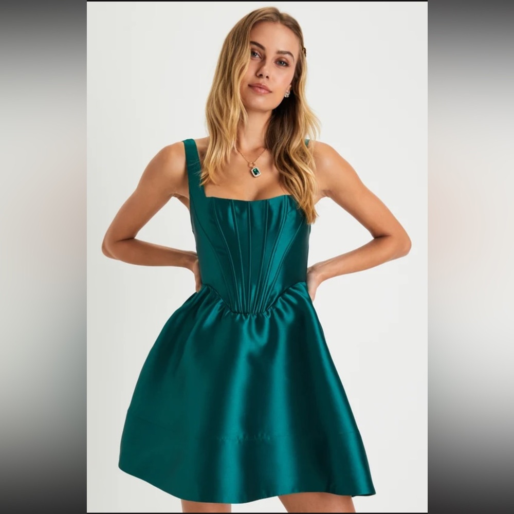 Lulus Bubbly Love Emerald Green Taffeta Corset Mini Dress